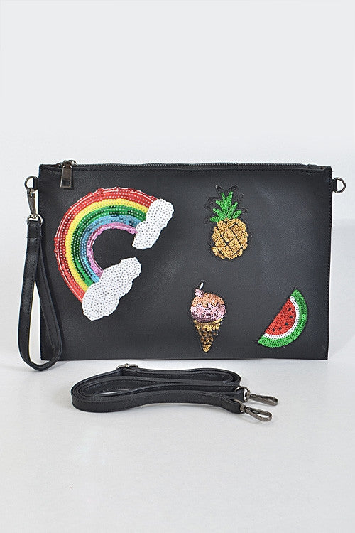 Sequin Patch Zipper Wristlet Clutch (Black) - Babe Outfitters