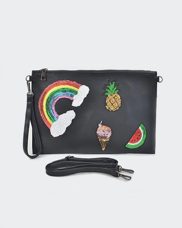 Sequin Patch Zipper Wristlet Clutch (Black) - Babe Outfitters