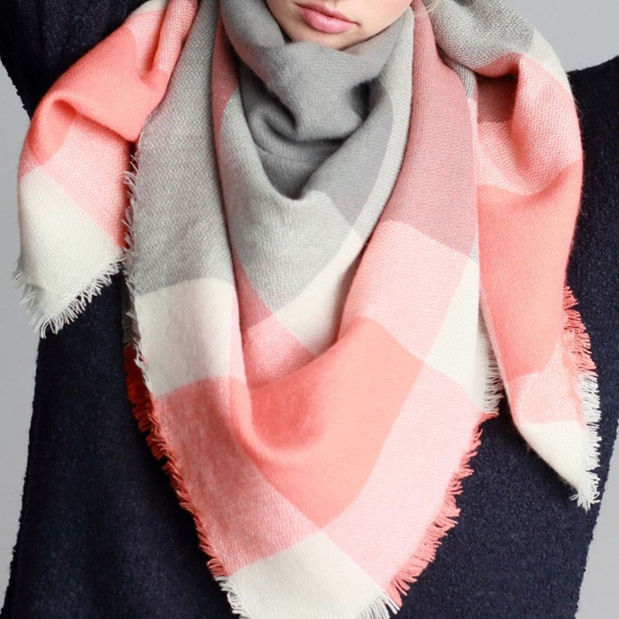 Roasting Marshmallows Blanket Scarf (Coral & Gray Color Block) - Babe Outfitters
