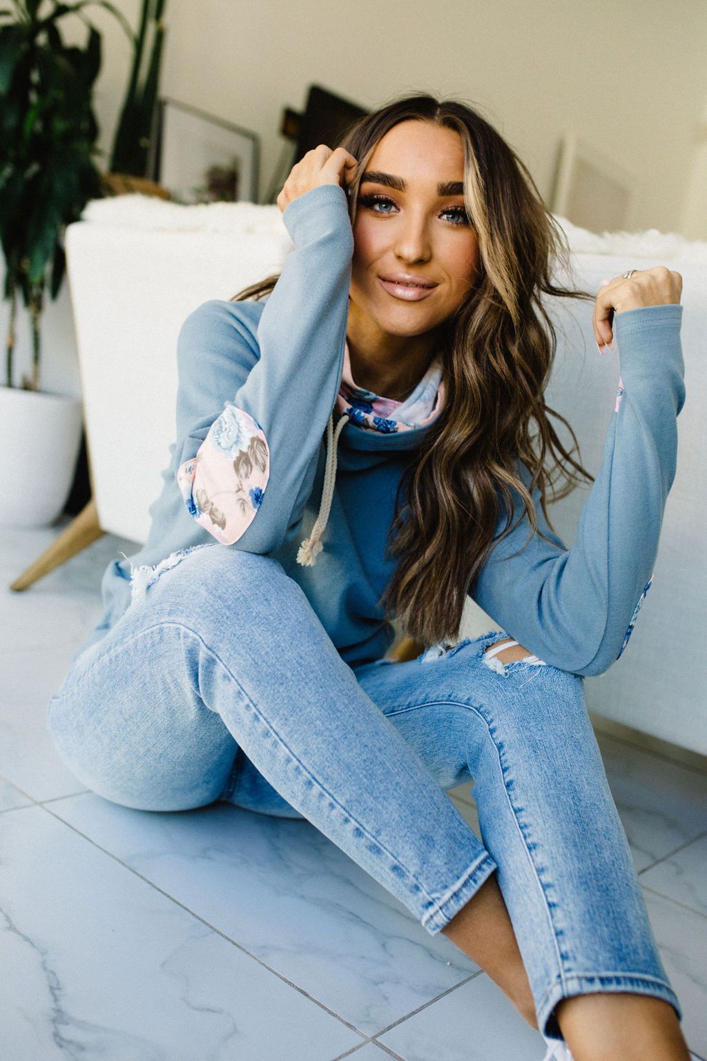 DoubleHood Sweatshirt - Floral Elbow Patch