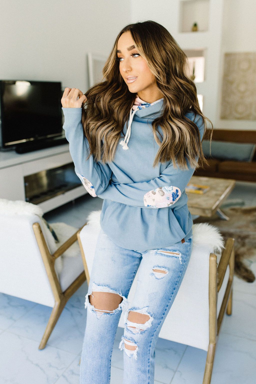 DoubleHood Sweatshirt - Floral Elbow Patch