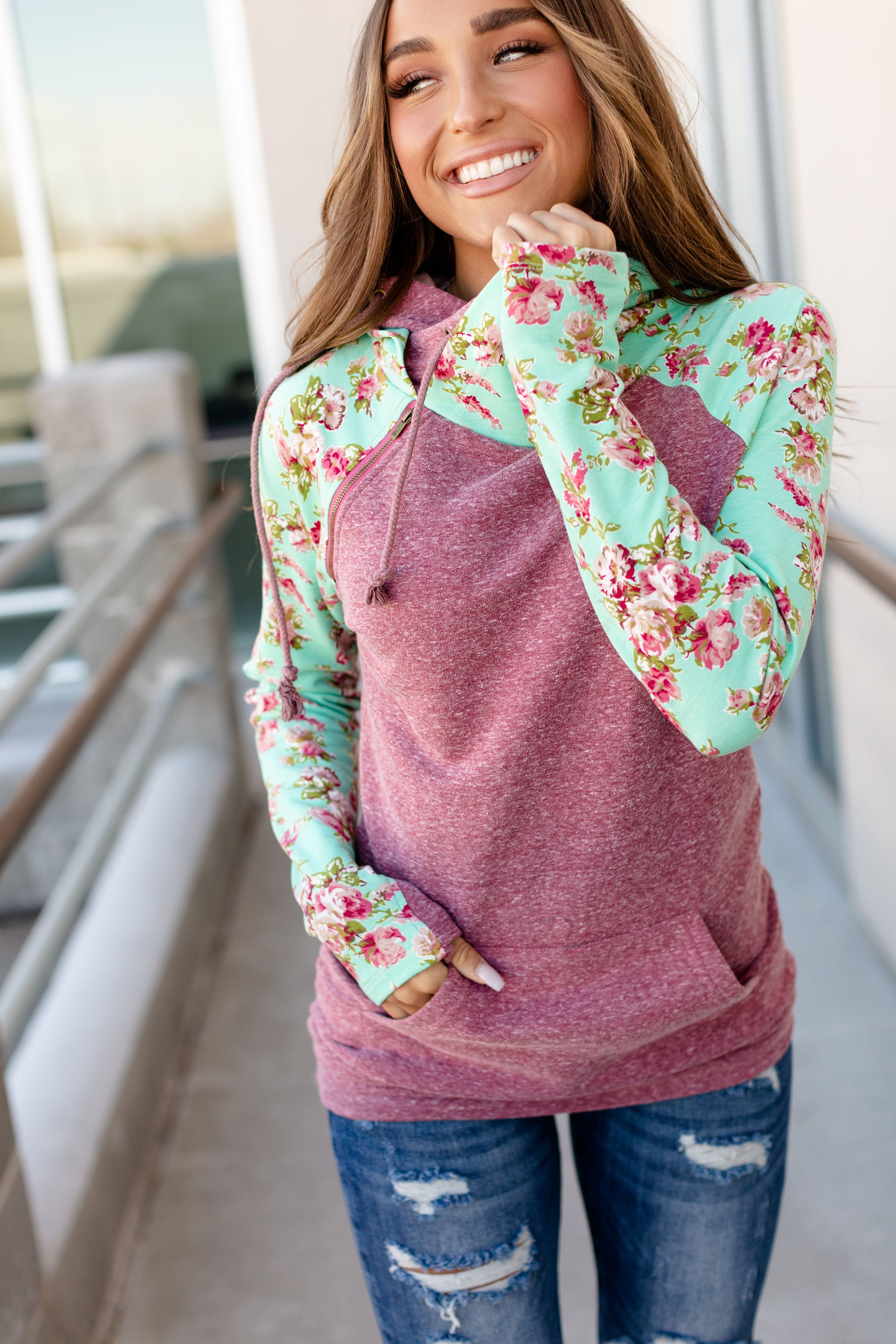 Ampersand Avenue DoubleHood Sweatshirt - Berry Floral