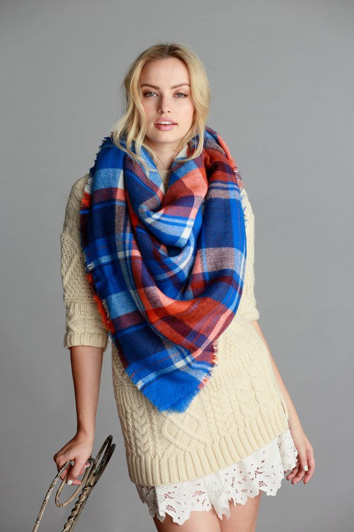 Cozy Nights Blanket Scarf (Cobalt Plaid) - Babe Outfitters