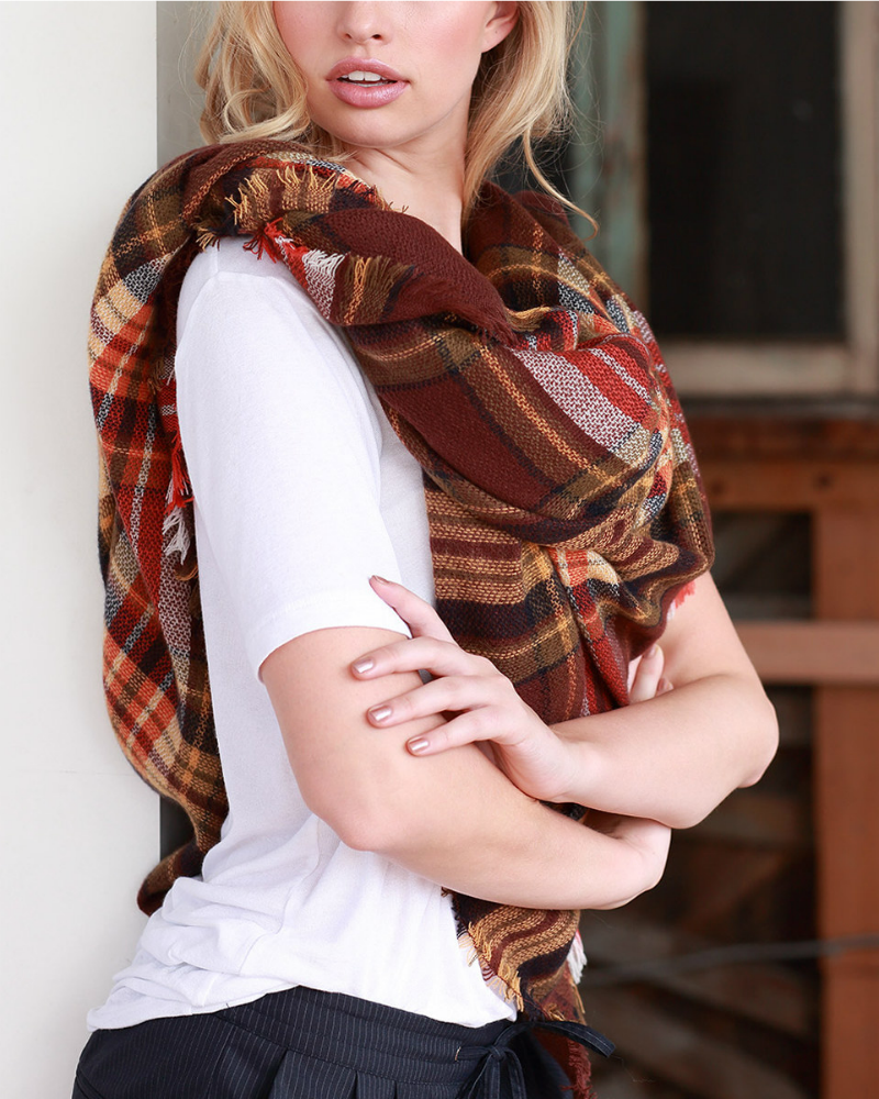 Campfire Blanket Scarf (Brick Plaid) - Babe Outfitters
