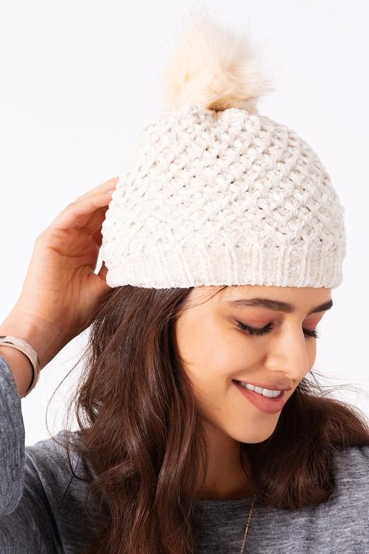 Winter Wonderland Pom-Pom Chenille Beanie - Babe Outfitters