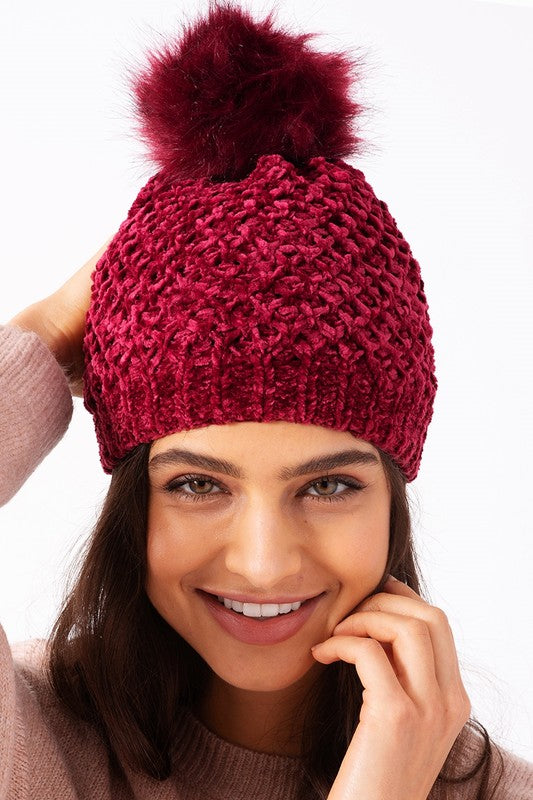 Winter Wonderland Pom-Pom Chenille Beanie - Babe Outfitters