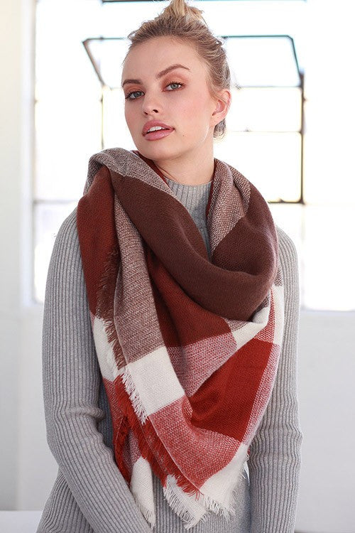 Autumn Warmth Blanket Scarf (Rust Color Block) - Babe Outfitters