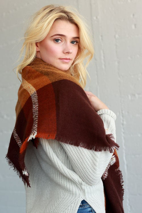Autumn Feelings Blanket Scarf (Rust & Orange Color Block) - Babe Outfitters
