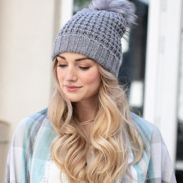 Faux Fur Pom Hat (Heathered Grey)