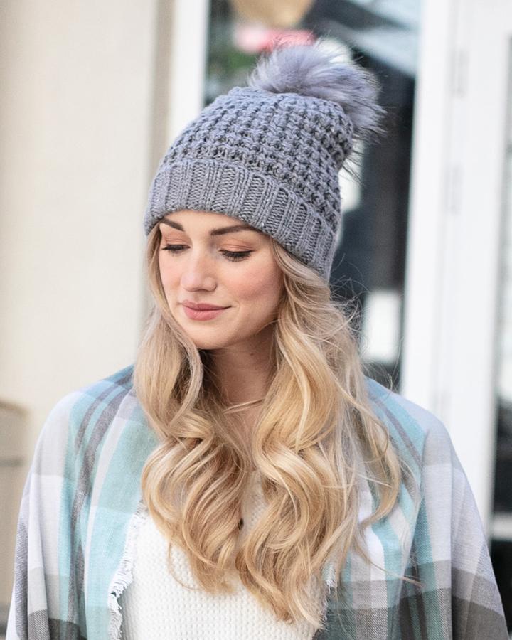 Faux Fur Pom Hat (Heathered Grey)