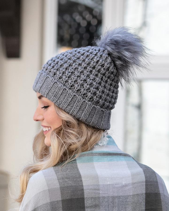 Faux Fur Pom Hat (Heathered Grey)