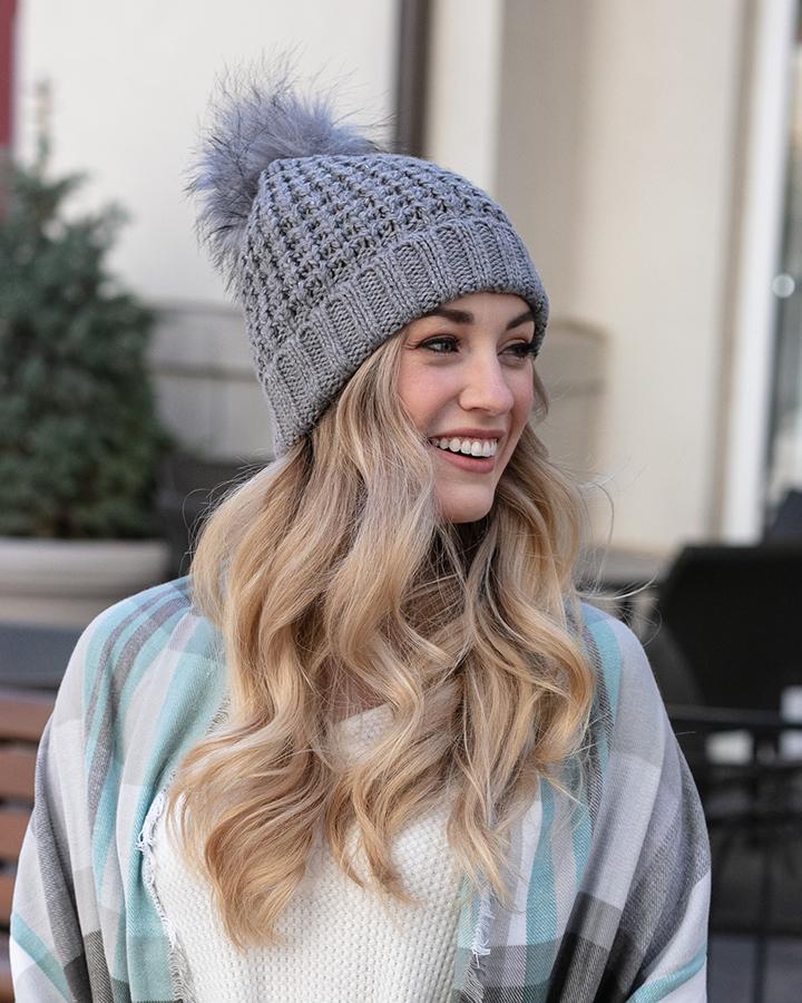 Faux Fur Pom Hat (Heathered Grey)