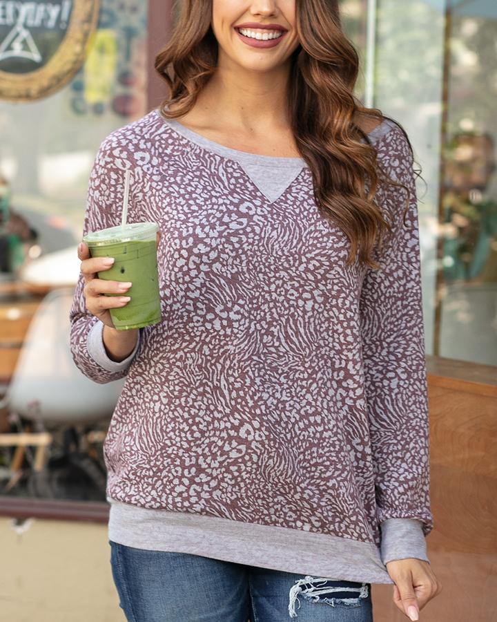 Grace & Lace Slouch Pullover (Wine Animal Print)