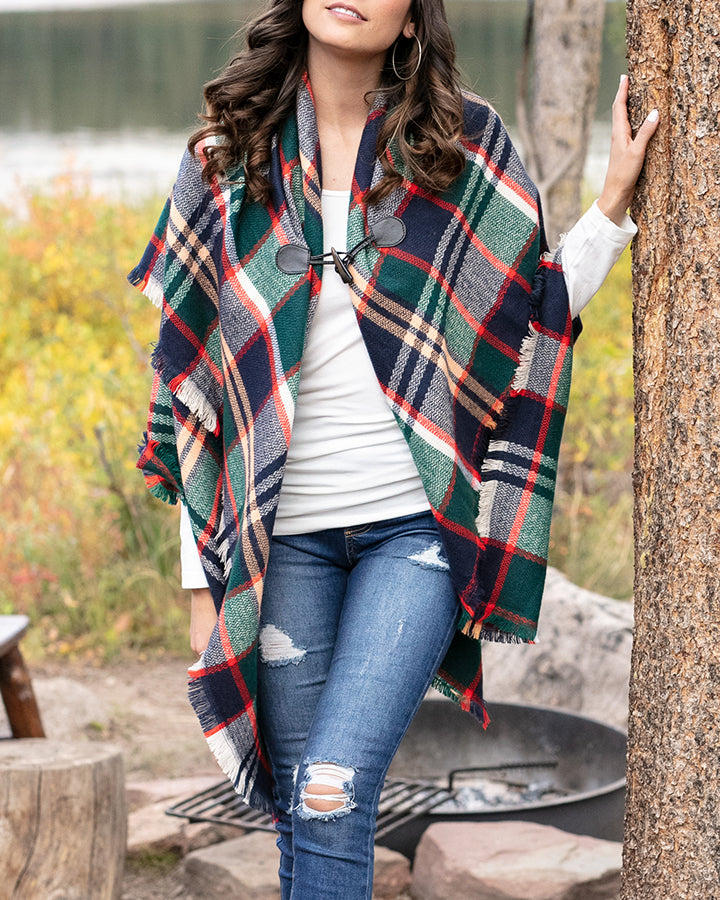 Grace & Lace Blanket Scarf/Toggle Poncho (Evergreen/Hot Orange) - Babe Outfitters