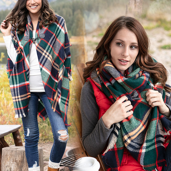 Grace & Lace Blanket Scarf/Toggle Poncho (Evergreen/Hot Orange) - Babe Outfitters