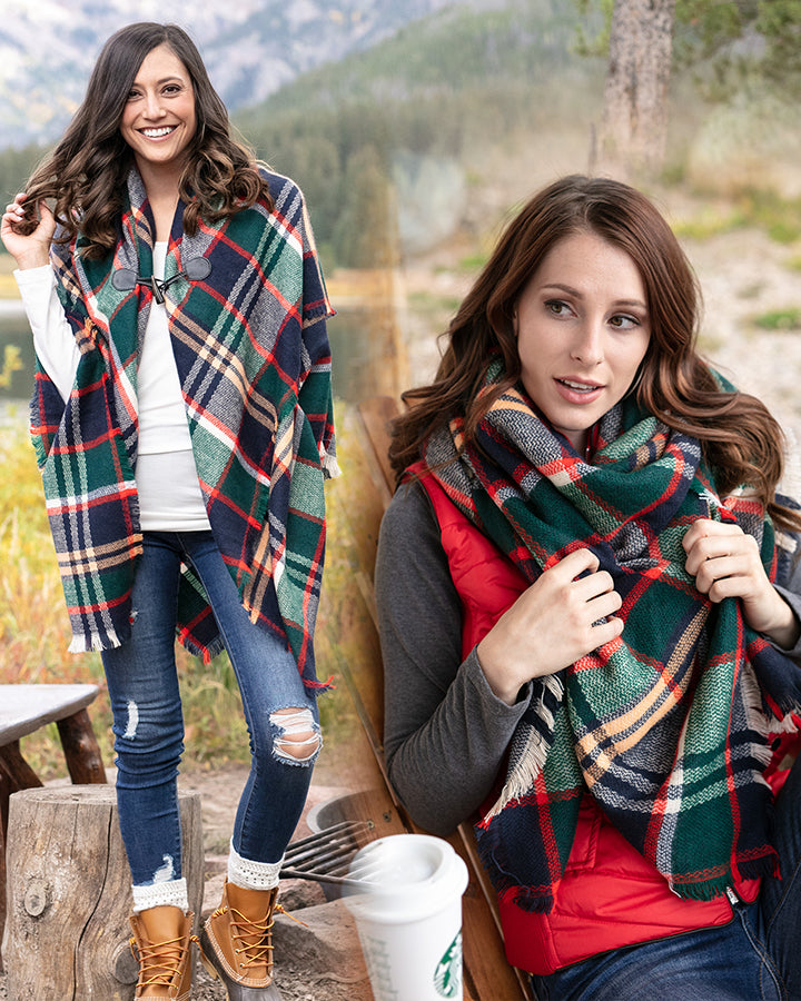 Grace & Lace Blanket Scarf/Toggle Poncho (Evergreen/Hot Orange) - Babe Outfitters