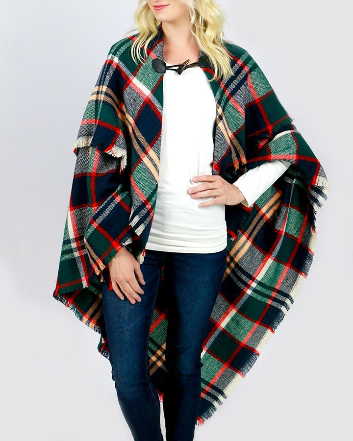 Grace & Lace Blanket Scarf/Toggle Poncho (Evergreen/Hot Orange) - Babe Outfitters