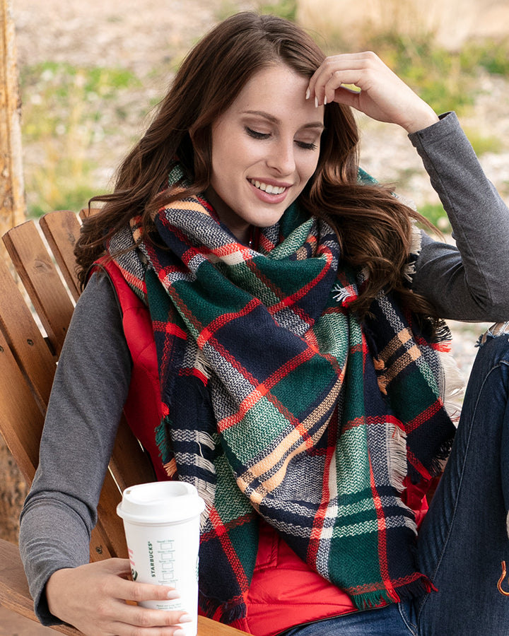 Grace & Lace Blanket Scarf/Toggle Poncho (Evergreen/Hot Orange) - Babe Outfitters