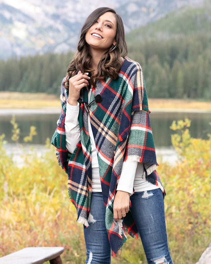 Grace & Lace Blanket Scarf/Toggle Poncho (Evergreen/Hot Orange) - Babe Outfitters