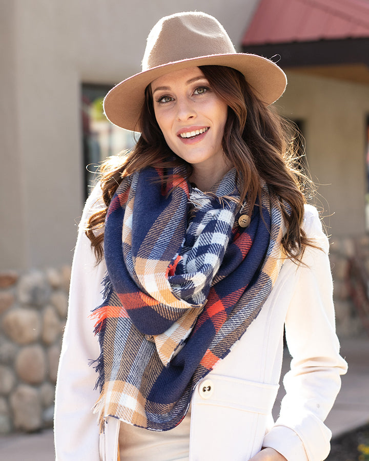 Grace & Lace Reversible Button Scarf/Poncho (Navy Plaid) - Babe Outfitters