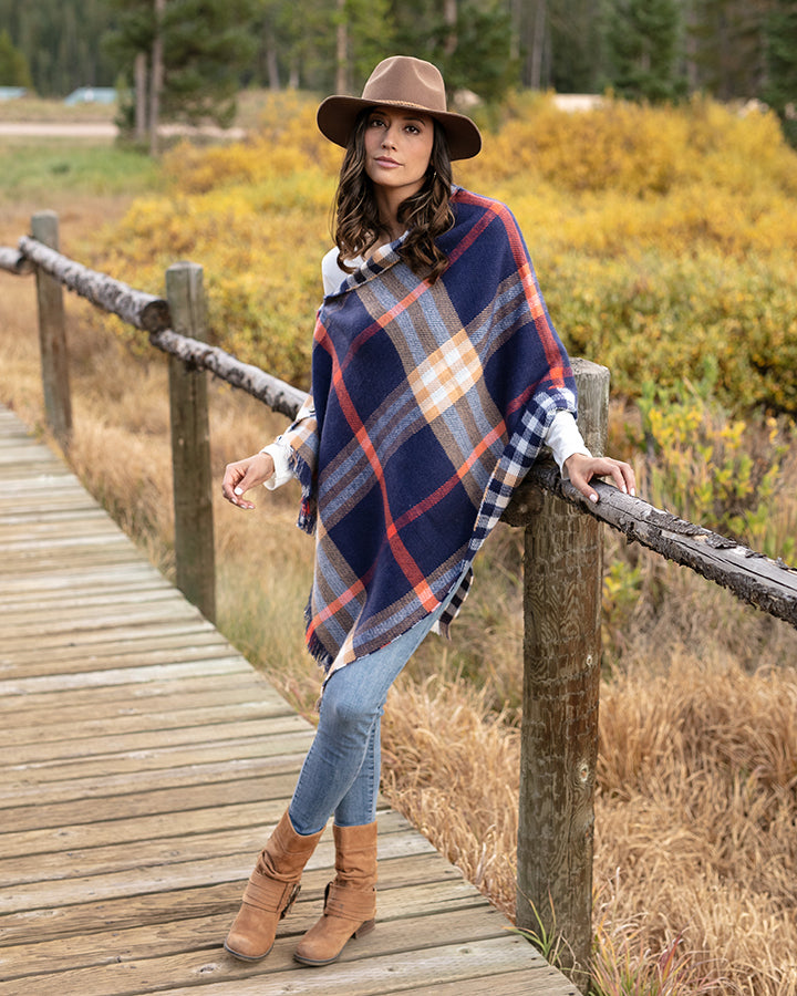 Grace & Lace Reversible Button Scarf/Poncho (Navy Plaid) - Babe Outfitters