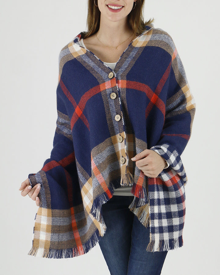 Grace & Lace Reversible Button Scarf/Poncho (Navy Plaid) - Babe Outfitters