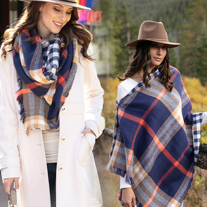 Grace & Lace Reversible Button Scarf/Poncho (Navy Plaid) - Babe Outfitters