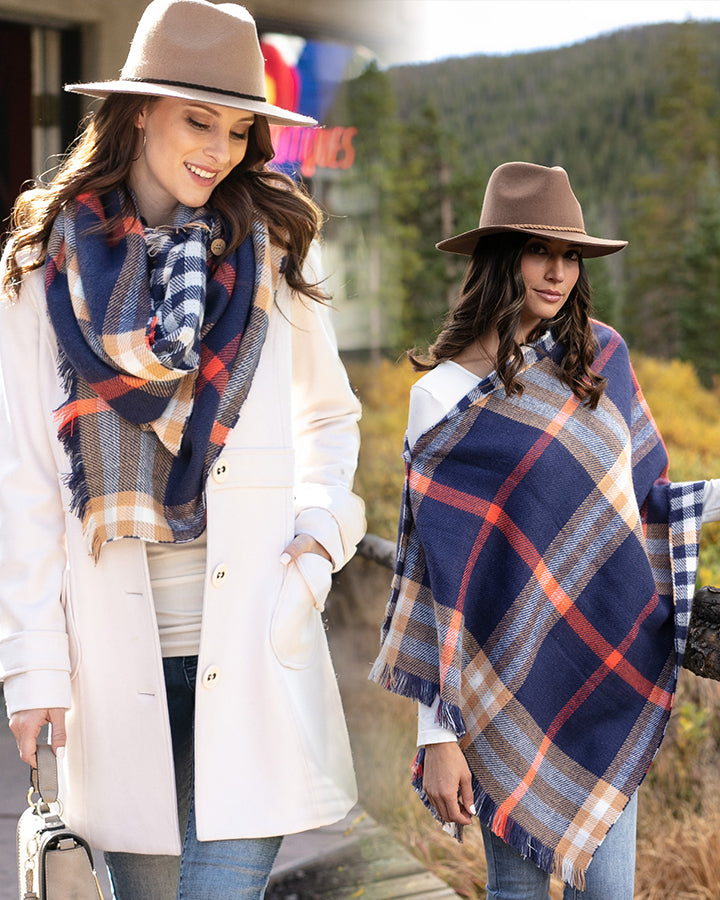 Grace & Lace Reversible Button Scarf/Poncho (Navy Plaid) - Babe Outfitters