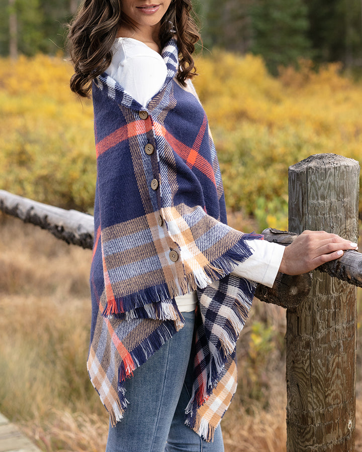 Grace & Lace Reversible Button Scarf/Poncho (Navy Plaid) - Babe Outfitters