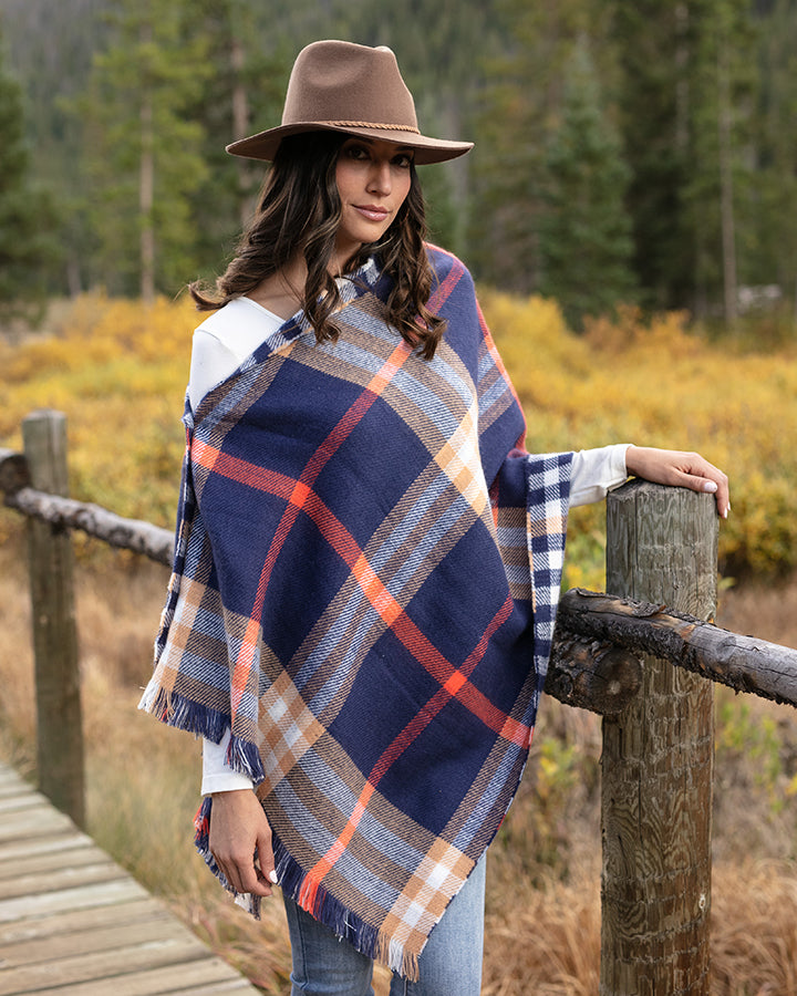 Grace & Lace Reversible Button Scarf/Poncho (Navy Plaid) - Babe Outfitters