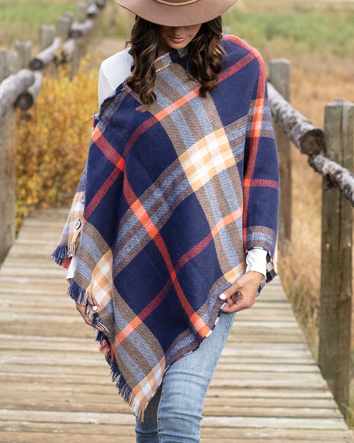 Grace & Lace Reversible Button Scarf/Poncho (Navy Plaid) - Babe Outfitters