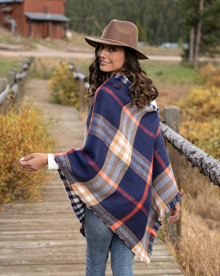 Grace & Lace Reversible Button Scarf/Poncho (Navy Plaid) - Babe Outfitters
