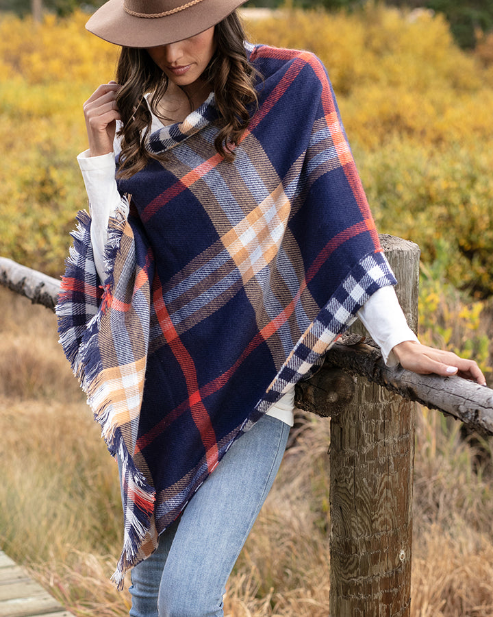 Grace & Lace Reversible Button Scarf/Poncho (Navy Plaid) - Babe Outfitters