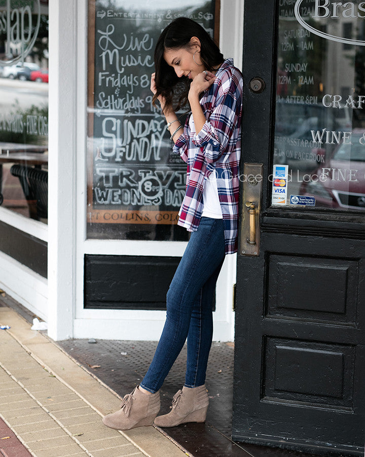 Grace & Lace Boyfriend Plaid Button Down (Plum/Navy) - Babe Outfitters