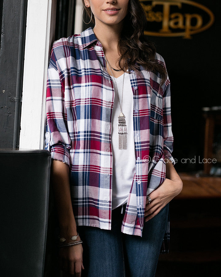 Grace & Lace Boyfriend Plaid Button Down (Plum/Navy) - Babe Outfitters