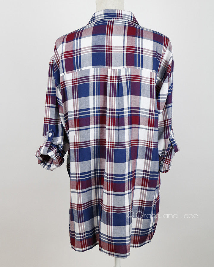 Grace & Lace Boyfriend Plaid Button Down (Plum/Navy) - Babe Outfitters