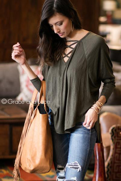 Grace & Lace Criss Cross Raglan Top - Babe Outfitters