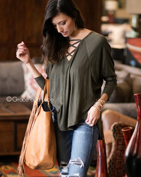 Grace & Lace Criss Cross Raglan Top - Babe Outfitters