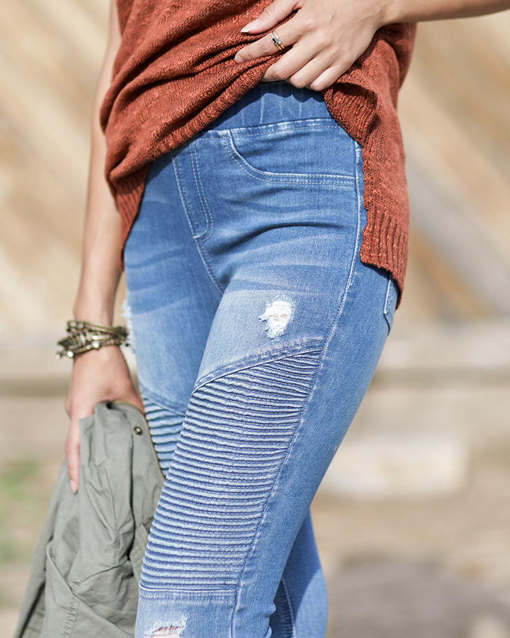 Grace & Lace Mid-Rise Denim Moto Jeggings (Blue Denim) - Babe Outfitters