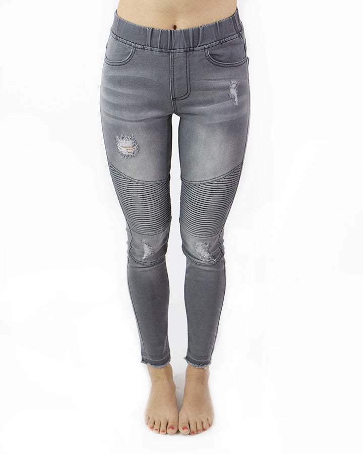 Grace & Lace Mid-Rise Distressed Denim Moto Jeggings (Grey Denim) - Babe Outfitters