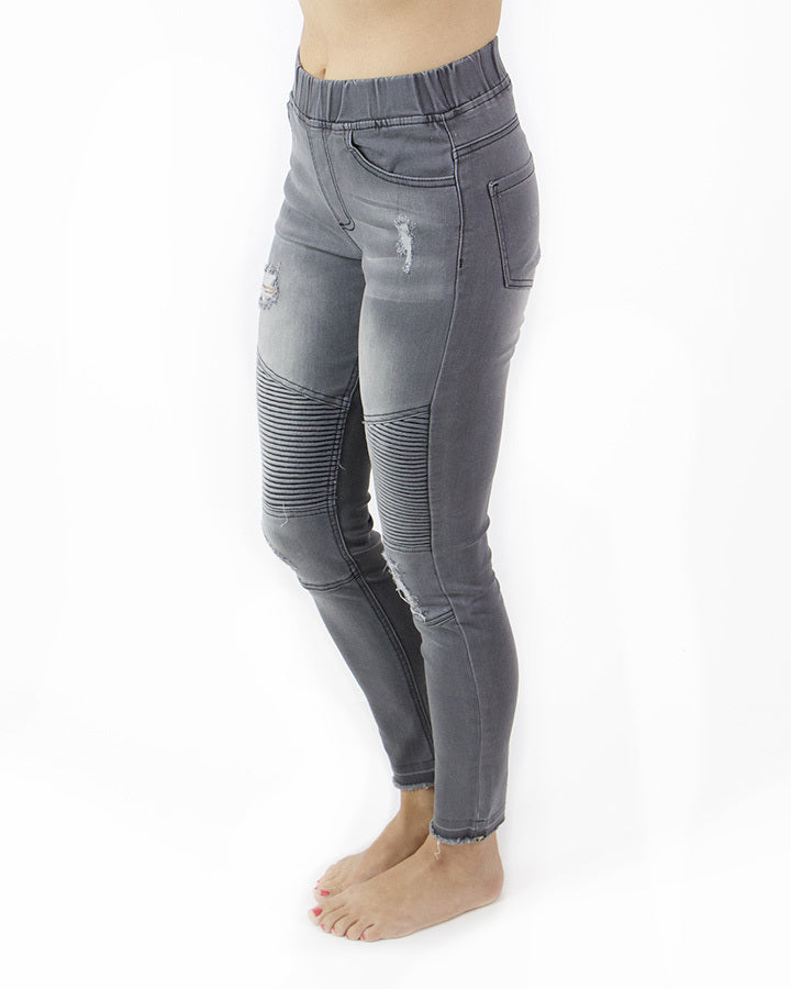 Grace & Lace Mid-Rise Distressed Denim Moto Jeggings in Grey Denim – Babe  Outfitters