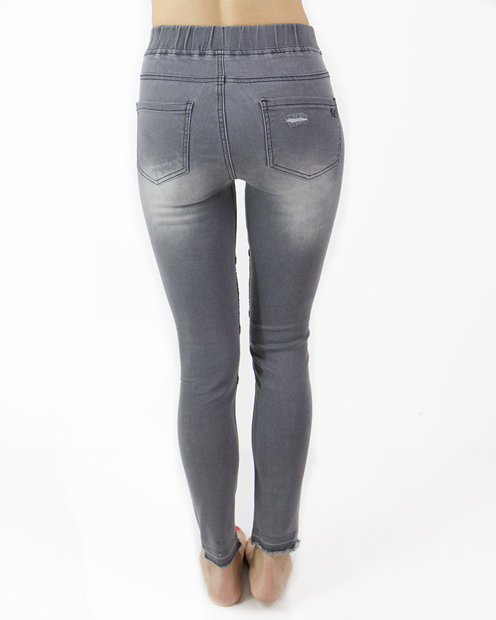 Grace & Lace Mid-Rise Distressed Denim Moto Jeggings (Grey Denim) - Babe Outfitters