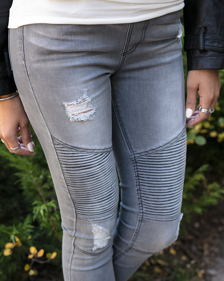 Grace & Lace Mid-Rise Distressed Denim Moto Jeggings (Grey Denim) - Babe Outfitters