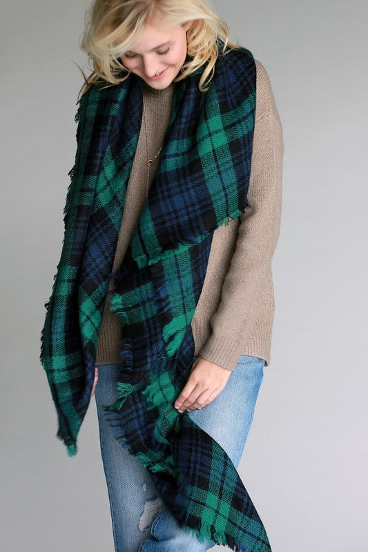 Cheer Up Blanket Scarf (Green Plaid Combo) - Babe Outfitters