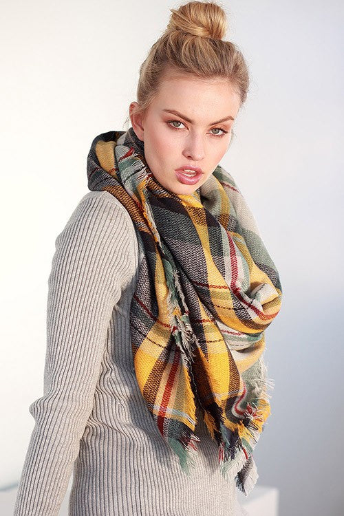 Fall Feelings Blanket Scarf (Mustard & Sage Plaid) - Babe Outfitters