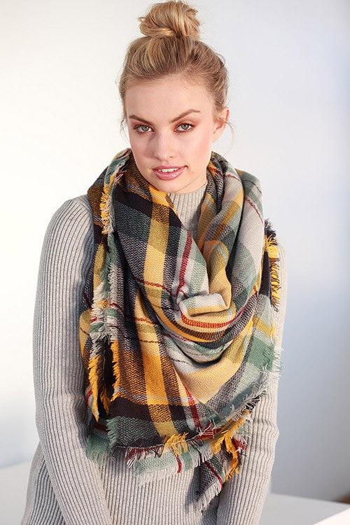 Fall Feelings Blanket Scarf (Mustard & Sage Plaid) - Babe Outfitters