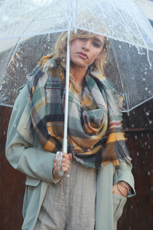 Fall Feelings Blanket Scarf (Mustard & Sage Plaid) - Babe Outfitters