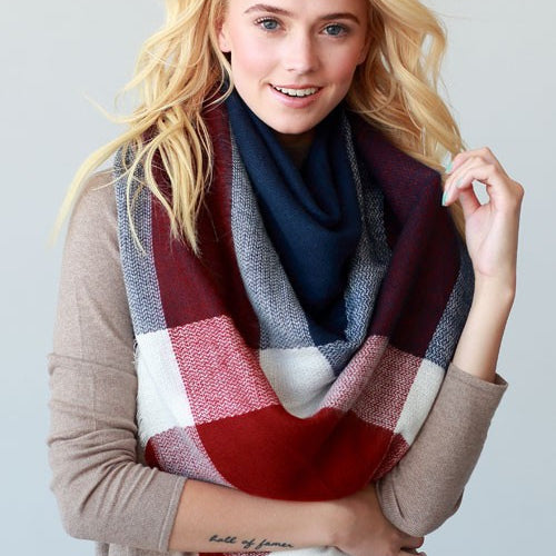 Cozy Days Blanket Scarf (Navy & Red Color Block) - Babe Outfitters