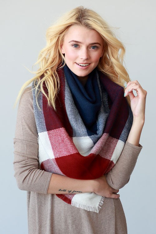 Cozy Days Blanket Scarf (Navy & Red Color Block) - Babe Outfitters