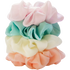 Stack of pastel colored chiffon scrunchies in peach, pale yellow, aqua, and light purple